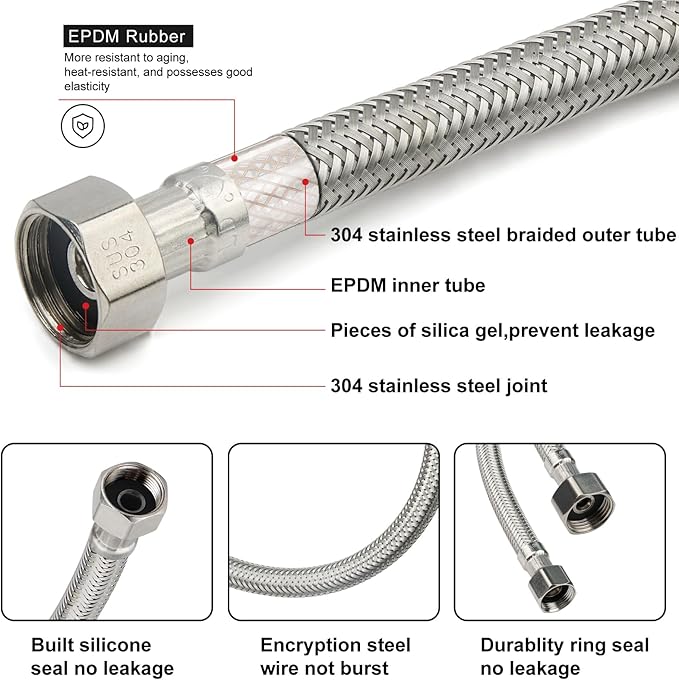 Midanya Faucet Supply Lines,16" Stainless Steel Braided Water Supply Line, 1/2" FIP x 3/8" COMP Faucet Hose, Faucet Hose Connector x 2 Pcs (1 Pair)
