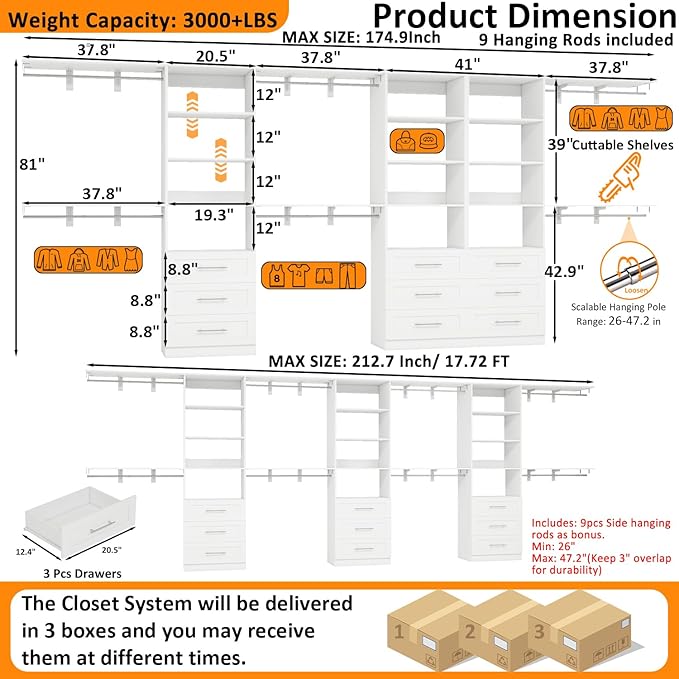 Closet System with 9 Drawers, 8.5FT-18FT Closet Organizer System Storage Storage Adjustable with 9 Cuttable Shelves for Walk in Closet with 9 Expandable Hanging Rods, 3 Sets , White