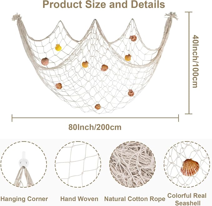 80x40 Inch Decorative Fishing Net w/Shells & Clips, 3mm Beige Natural Cotton Large Photo Hanging Fishnet, Wall Halloween Party Decorations for Nautical Pirate Hawaii Underwater Mermaid Themed Party