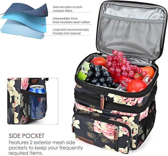 MIYCOO Lunch Bag & Lunch Box for Women Men, Double Deck Leakproof Insulated Soft Large Adult Camping Cooler bag for Work, Beach, Picnic, Travel (Flower, 15L)