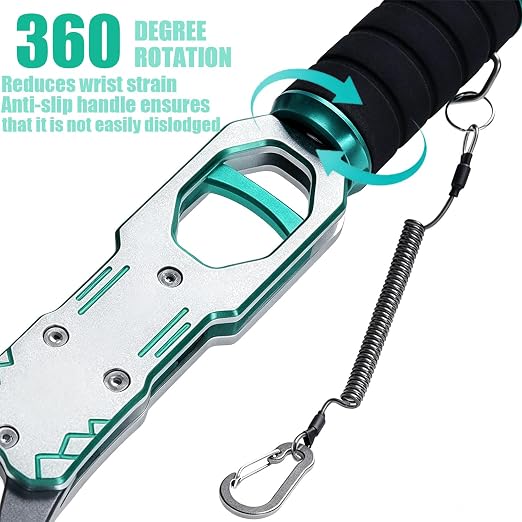 11" Aluminum Fish Lip Gripper with Scale, Built-in 40lb Scale Heavy Duty Fishing Grabber, Telescopic Rope, Fish Control Tackle 360° Swivel Non-Slip Handle