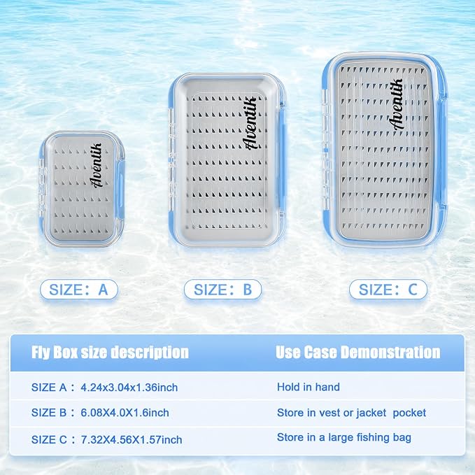 Aventik Waterproof Clear Fly Box Double Sides Floating Lightweight Fly Fishing Case Large Capacity Grip Foam Nymph Wet Dry Flies Lure Box(H18 Blue, SIZE A:4.24X3.04X1.36inch)