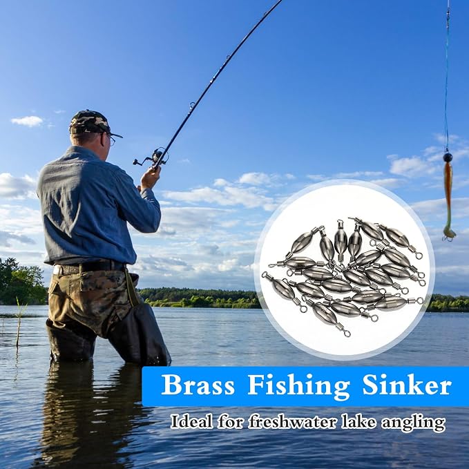 Seenelling 20 Pcs Brass Fishing Sinker Swivel Fishing Weights Saltwater Bullet Sinkers Drop Shot Weight Egg Sinkers with Swivel Rolling Removable Freshwater