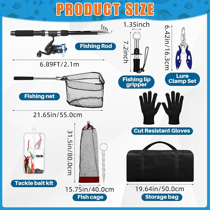 MiniInflat Telescopic Fishing Rod and Reel Combo, 6.89ft 2pcs Collapsible Rod with Plier Lip Gripper Lures Carrier Bag Pre-Loaded Spinning Reel Saltwater Freshwater Fishing Pole Kit