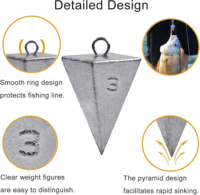 SIWIRIOM Pyramid Sinkers for Surf & Saltwater 6 Pack Fishing Weights Lead Sinkers with Slider Universal Connectors, Fishing Weights Assortment Kits Fishing Gear Tackle 1oz 2oz 3oz