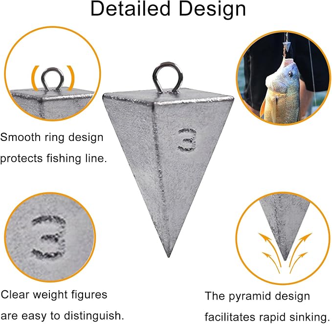 SIWIRIOM Pyramid Sinkers for Surf & Saltwater 6 Pack Fishing Weights Lead Sinkers with Slider Universal Connectors, Fishing Weights Assortment Kits Fishing Gear Tackle 1oz 2oz 3oz