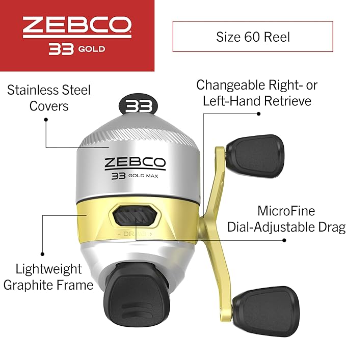 Zebco 33 Gold Spincast Fishing Reel, Changeable Right or Left-Hand Retrieve, All-Metal Gears, Pre-Spooled with Zebco Cajun Fishing Line