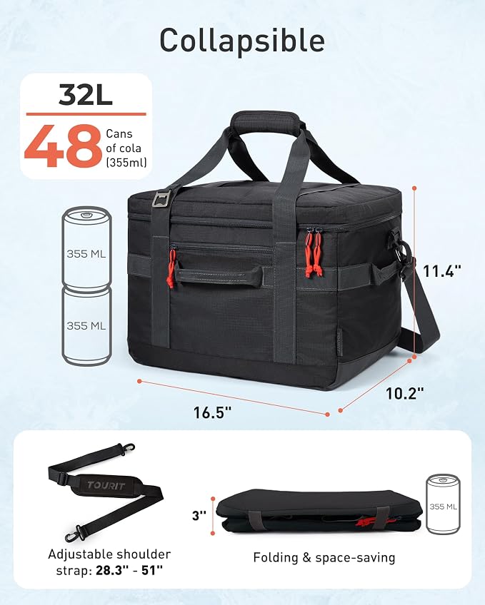 TOURIT Soft Sided Cooler Bag Insulated 30/48/60 Cans, Large Collapsible & Leakproof Ice Chest for Picnic, Beach, Camping, Travel, Sports Fan Coolers