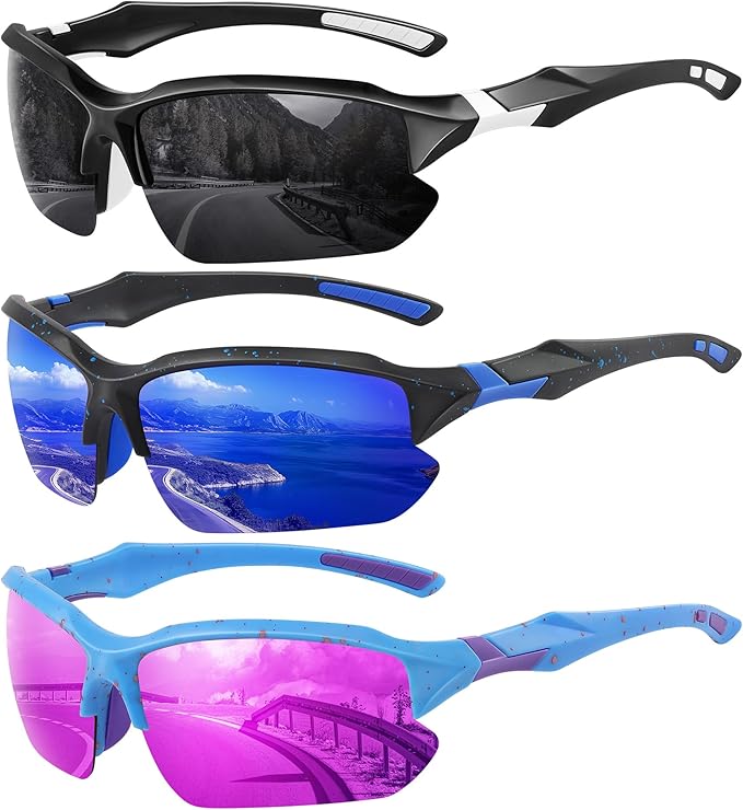 XVXV 3 Pack Polarized Sports Sunglasses for Men, UV Protection Half Frame Sunglasses Comfortable for Running Cycling Driving
