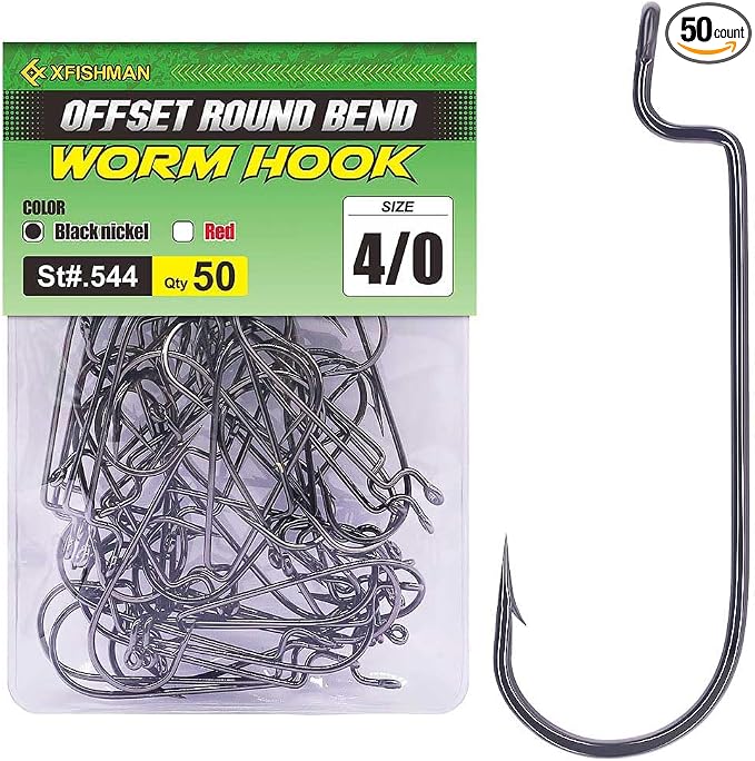 Offset-Worm-Hooks-for-Bass-Fishing-Round Bend Plastic Worms Texas Rig Hook Black Red 1/0 2/0 3/0 4/0