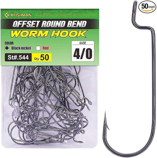 Offset-Worm-Hooks-for-Bass-Fishing-Round Bend Plastic Worms Texas Rig Hook Black Red 1/0 2/0 3/0 4/0
