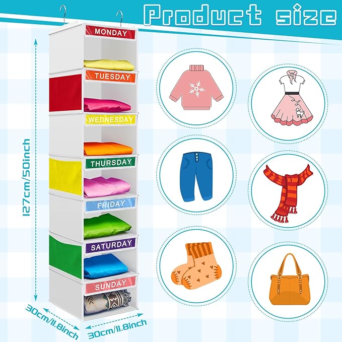 Amylove 2 Pcs 7 Shelf Weekly Clothes Organizer for Kids Hanging Closet Organizer 11. 8 x 11. 8 x 50 Inches Daily Activity Kids Clothes Storage Drawers Cube Drawers Closet Hanging Shelves(White)