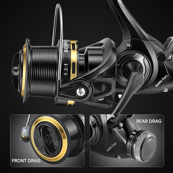 HAUT TON Battle Carp Fishing Reel, 4+1 BB Carbon Fiber Drag Spinning Reels for Saltwater Freshwater Fishing, 26.5 Lbs Powerful Max Drag Baitfeeder Fishing Reels