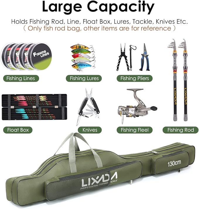 Lixada Fishing Rod Case, Portable Folding Fishing Rod Case Fishing Pole Reel Storage Bag Fishing Gears Organizer