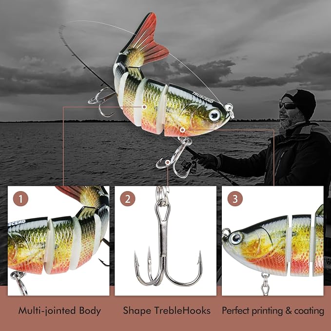 TRUSCEND Swimmax Easy Catch Fishing Lures with BKK Hooks, Wiggling, Vibrating, Rattling and Gurgling for More Bites, Heavy-Duty Dyneema Fiber Jointed Swimbaits for Bass, Trout, Crappie, Walleye, Pike