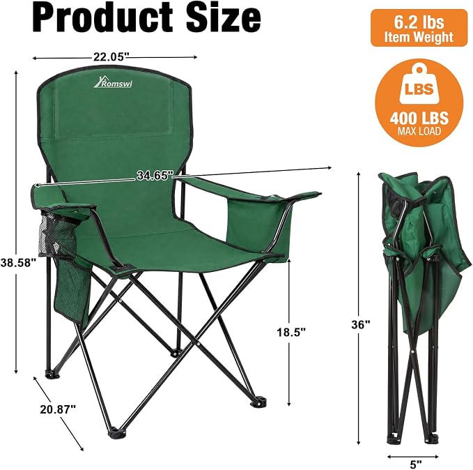 Romswi 2 Pack Camping Chairs Support 400LBS, Heavy Duty Folding Chair with 4-Can Cooler Bag, Portable Outdoor Chair with Cup Holder for Lawn, Beach, Fishing, Green