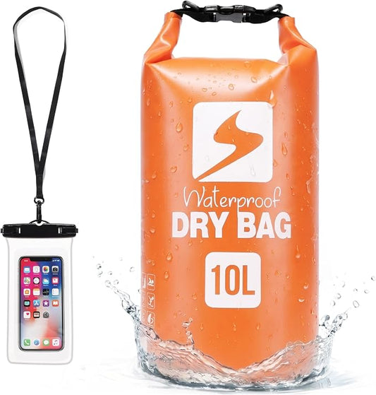 Soulsfeng Waterproof Dry Bag Backpack, Roll Top Floating Dry Storage Bag with Phone Case, Lightweight Dry Sack for Kayaking, Boating, Beach, Travel, Camping 10L, Orange
