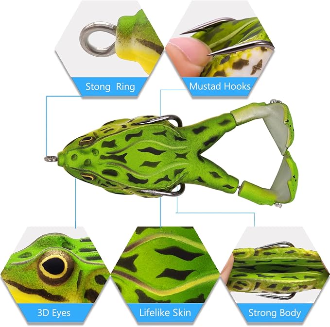 Topwater Bass Fishing Lure Kit, Plopping Propeller Tail Bigger Splash Whopping, Soft Plastic Frog Bait 3D Eyes Lifelike Body Pattern, for Bass Snakehead Musky Pike Walleye, 5 pcs…