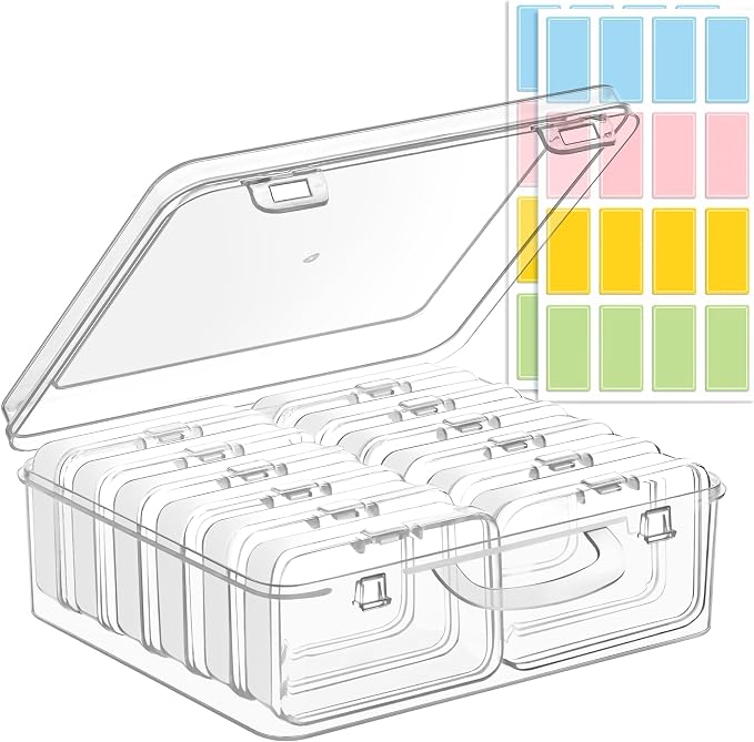 zoeynex Small Bead Organizers and Storage, 12 Clear Plastic Boxes with Hinged Lids, for Beads, Jewelry Making, Crafts, Hardware, Fishing Tackle, Small Parts (32 Labels)
