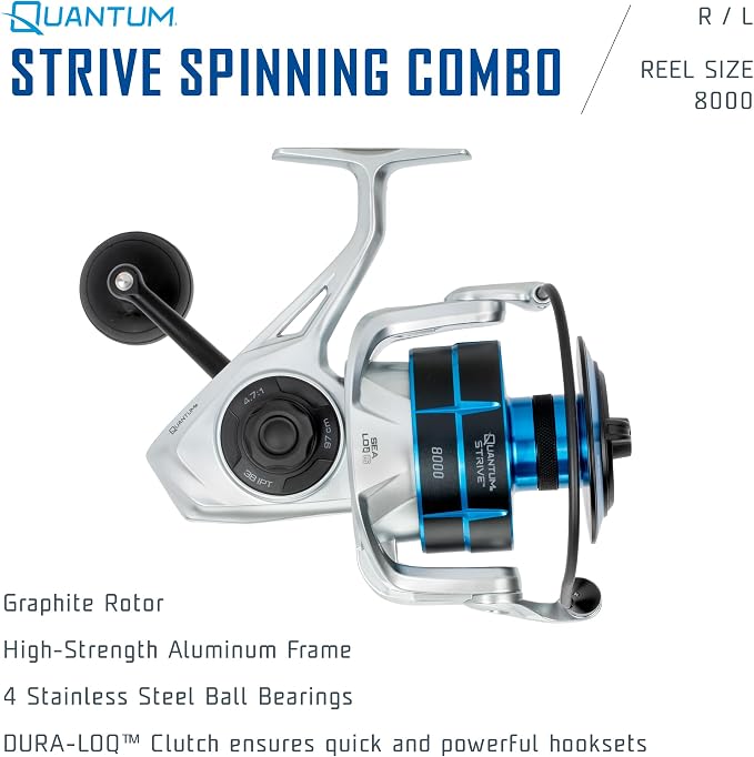 Quantum Strive Spinning Reel and Fishing Rod Combo, Graphite Composite Blank, 4+1 Bearings, Silver/Blue