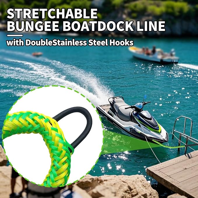 Bungee Dock Line with Stainless Steel Clip – Boat Dock Rope with Foam Float for Kayak, Canoe, Pontoon, Watercraft, SeaDoo, Docking – 4–5.5 ft, 2 Pack（Yellow&Green）