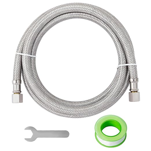 SUNGATOR 5 Feet Refrigerator Water Line, 1/4" Comp X 1/4" Comp Ice Maker Hose, 5 Feet Stainless Steel Braided Ice Maker Water Supply Line with A Wrench and Sealing Tape (1 Pack)