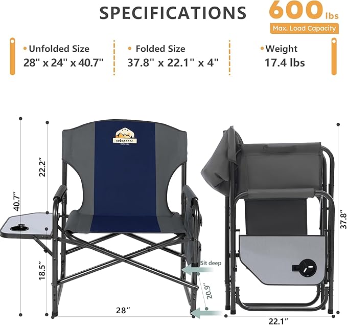 Colegence Oversized Directors Camping Chair Set of 2 Support 600 LBS, Heavy Duty Folding Outdoor Chairs with Detachable Side Pocket and Adjustable Side Table for Outside Beach,Lawn,Fishing (Blue)