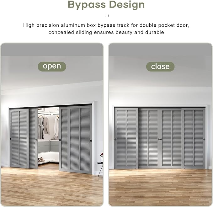 EaseLife 10FT/120in Bypass Double Sliding Pocket Door Hardware Kit,Commercial Grade,Aluminum,Bypassing Wardrobe Closet Door Track for 4 Door System,Slide Smoothly Quietly,Easy Install,Black,No Door