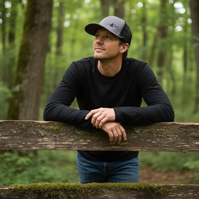 LINDO Trucker Hat [ Great Outdoors Design ] for Men and Women: Mid Profile Cap with Breathable Mesh Back and Adjustable Snap