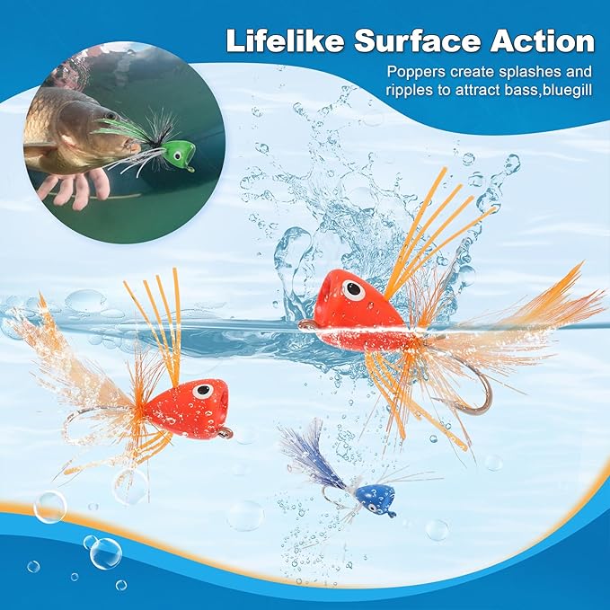 Fly Fishing Poppers Flies, Fly Popper Lures Bass Bluegill Crappie Trout Salmon Panfish Perch Popper Flies Kit for Fly Fishing
