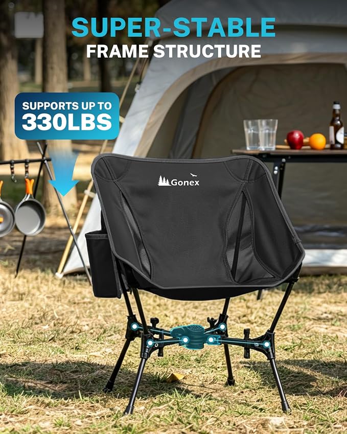 Gonex Portable Camping Chair, The 5th Gen Ultralight Compact Backpacking Foldable Lightweight Folding Chair for Outdoor Camp Hiking Beach Picnic Concert, Supports 330lbs (Black, 1 PCS)