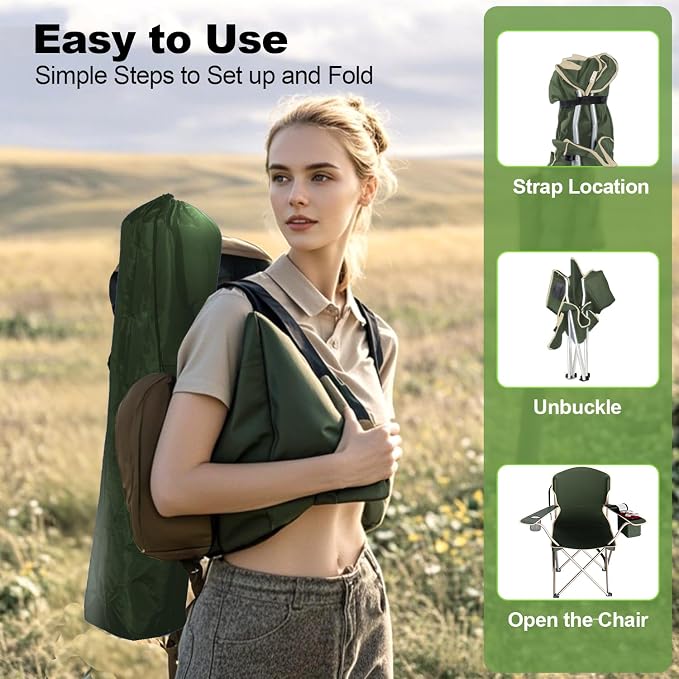 VTOY Folding Camping Chairs Durable 600D Oxford, Portable Outdoor Chair with Cooler Pouch, Cup Holder & Storage Pocket for Camping, Beach, Fishing