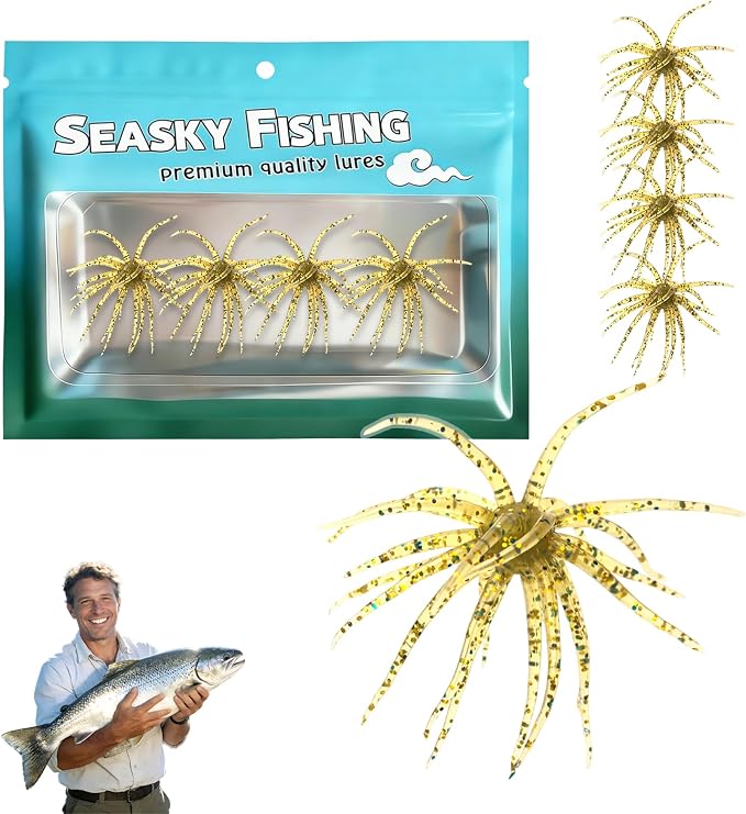 4Pcs Dice Bait, Floating TPR Swimbait with Reflective Stars,Tentacle Creature Lure, Sea Urchin Style Soft Plastic Baits, for Bass Fishing Drop Shot, Wacky Rig/Neko Rig and Finesse, Slow Sinking