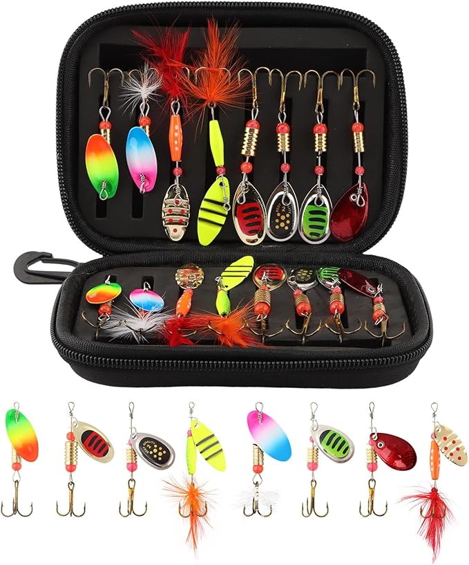 16pcs Fishing Lures Spinner Baits, Trout Bass Salmon Lures Kit, Metal Bass Trout Spinner Lure Baits with Portable Carry Bag for Freshwater Saltwater, Fishing Gifts for Men