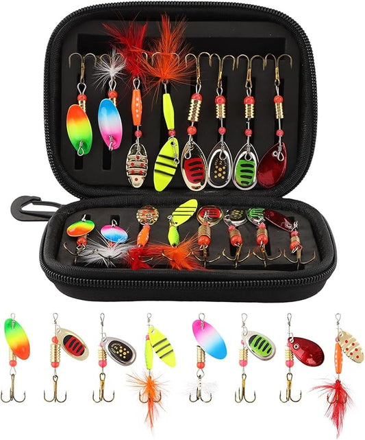 16pcs Fishing Lures Spinner Baits, Trout Bass Salmon Lures Kit, Metal Bass Trout Spinner Lure Baits with Portable Carry Bag for Freshwater Saltwater, Fishing Gifts for Men
