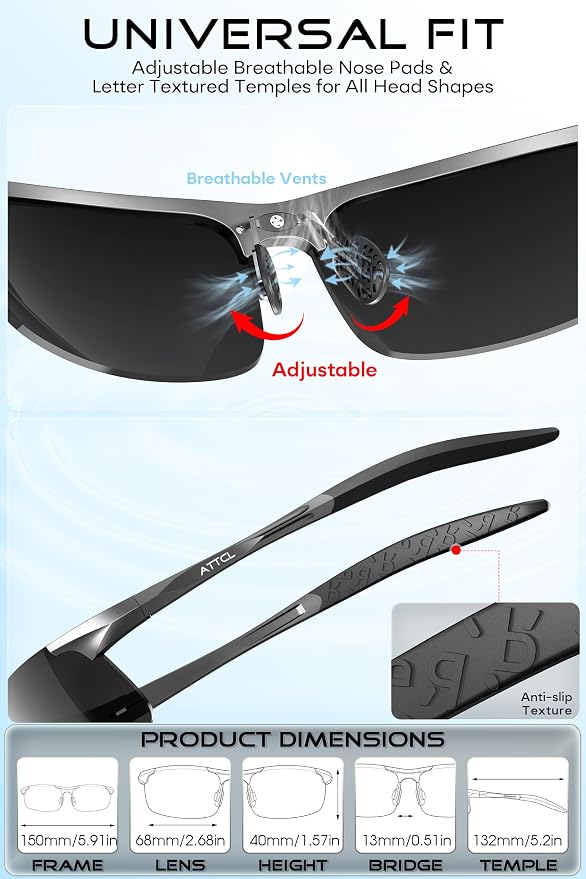 ATTCL 0.9 oz Polarized Sunglasses Men Sports: UV Protection Anti Glare Wrap Around Lightweight Metal Fishing Golf Running