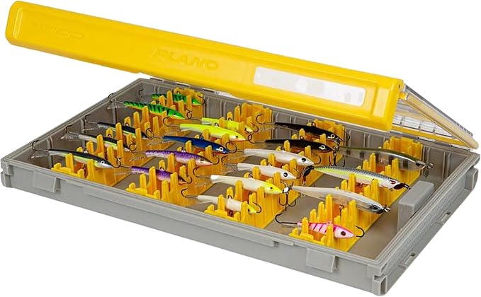 Plano Edge 3700 Vertical Jig & Spybait Box Tackle Storage, Gray and Yellow, Holds Up to 52 Vertical Baits, Rust-Resistant and Waterproof Bait Organizer Box