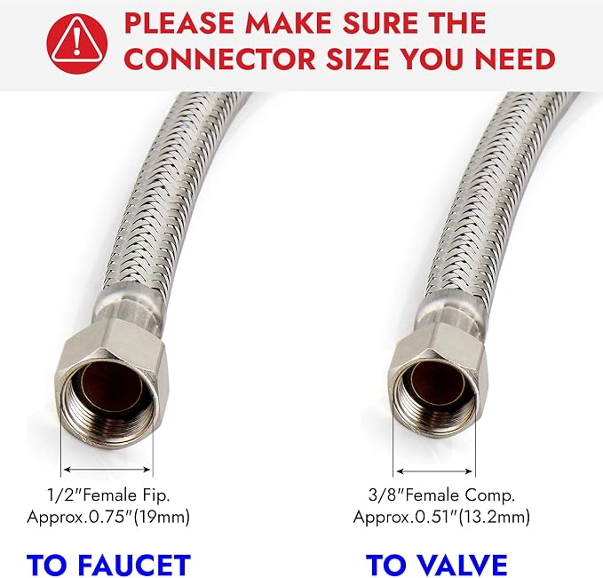 Midanya Faucet Supply Lines,72" Stainless Steel Braided Water Supply Line, 1/2" FIP x 3/8" COMP Faucet Hose, Faucet Hose Connector x 2 Pcs (1 Pair)