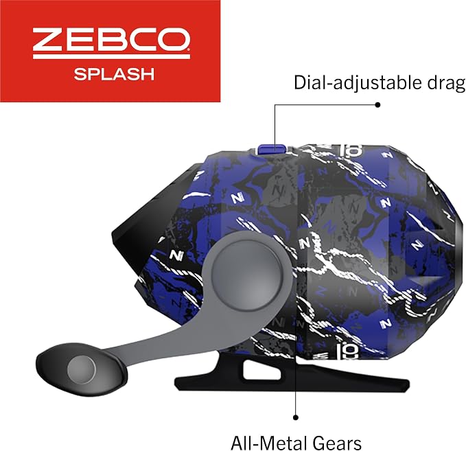Zebco Splash Spincast Reel and Fishing Rod Combo, Fiberglass Rod, Ball Bearing System, All Metal Gears, 8-Pound Line