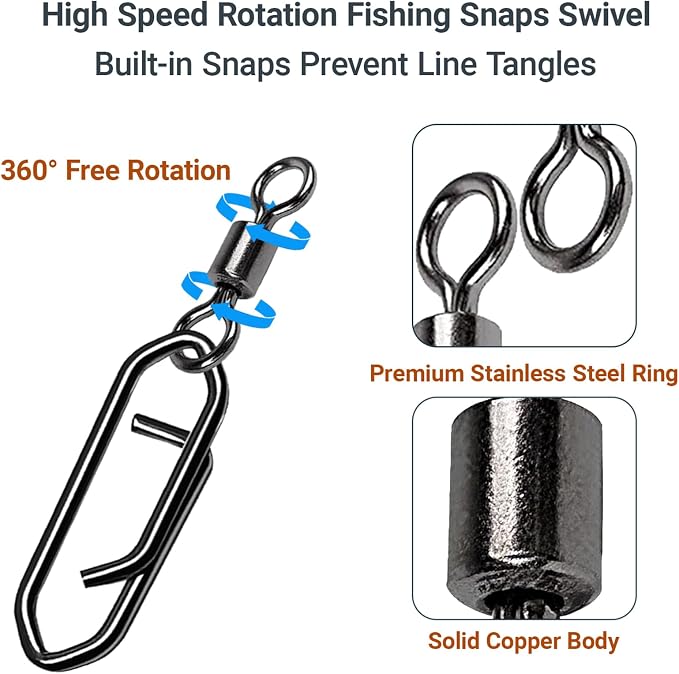 AMYSPORTS High Strength Saltwater Barrel Swivels Fishing Tackle Stainless Steel Line Connector Fishing Snaps Swivel Change Quick Fishing Clips Snap Black Nickel
