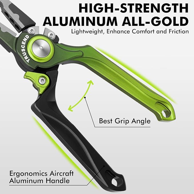 TRUSCEND Easy Use Lockable Fishing Pliers with Tungsten Carbide Cutter, Innovative Ergonomic Handy Handle, Saltwater Corrosion Resistant Teflon Coated Fishing Tool, Light Multi-Function Fishing Gear
