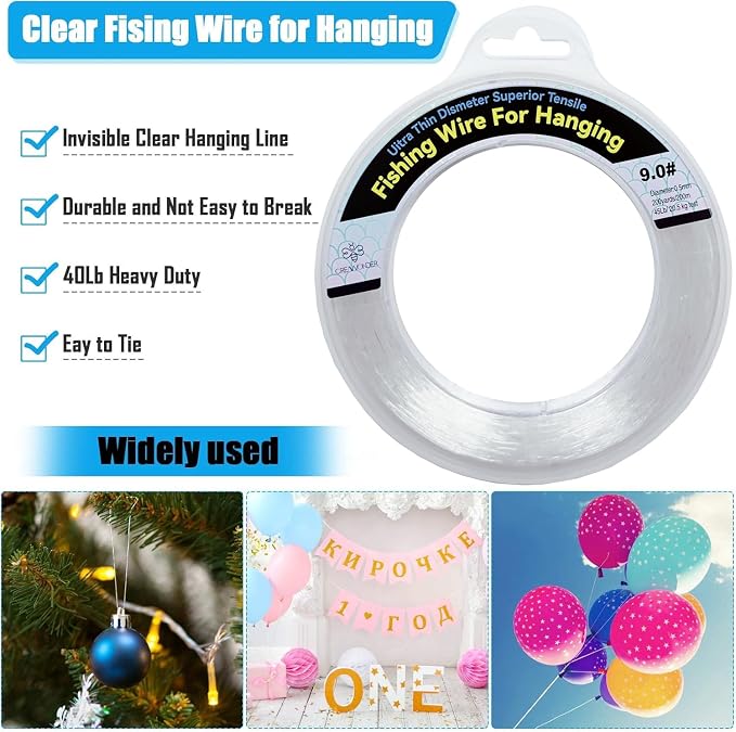 Clear Fishing Wire, Monofilament Fishing Line, Clear String for Hanging, Invisible Strong Wire Nylon Thread for Hanging Balloon Garland Picture Decorations
