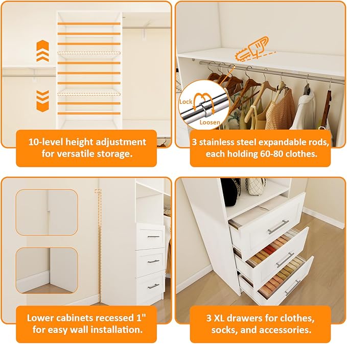 96 inch Closet System with Wooden Drawers, 5FT-8FT Closet Organizer System with Shelving Tower, Walkin Closet System with Expandable Hanging Rods & Movable Shelves, Wall Mount, 96”*14.8”*81”,White