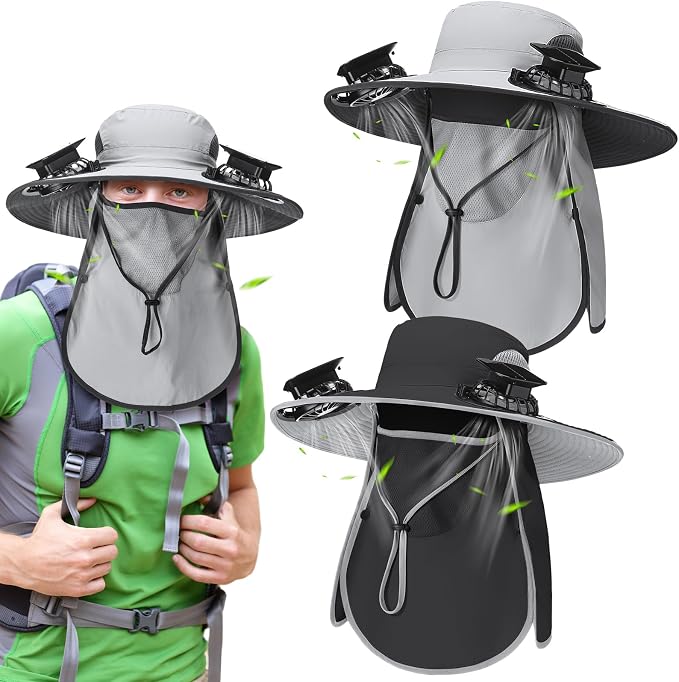 Glitopper 2 Pcs Solar Fan Hat with 2 Fan Wide Brim Removable Face Cover Cooling Fishing Buckets Hats