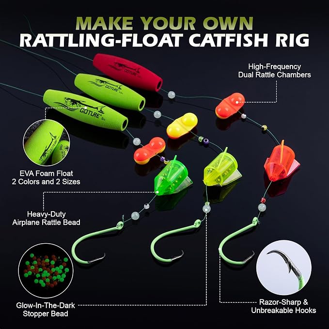 Goture Catfish Rig Making Kit,274pcs/300pcs Catfishing Tackle with Luminous Fishing Hook Swivel Sinker Weights Rattle Float Bobber Stoppers,Catfish Rigs Accessories with 3600 Tackle Box,Gifts for Men