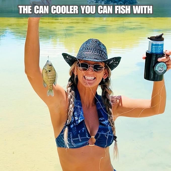 Made in USA | Fishing Can Cooler from Shark Tank | Hard Shell Drink Holder with Hand Line Reel | Fits Most Can Sleeves or Coozies | Unique Fishing Gift for Men | Retail Box Packaging | Black