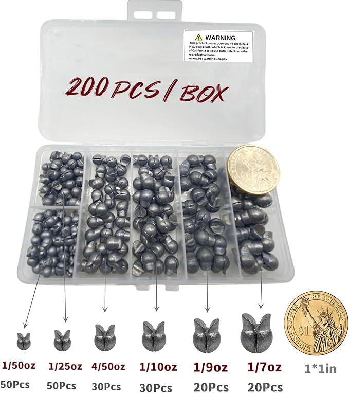 200Pcs/Box Big Size Removable Split Shot Fishing Sinkers(1/7oz,1/9oz,1/10oz,4/50oz,1/25oz,1/50oz Mixed)，Adjust Open Mouth Design Fishing Weights Clip for Freshwater Saltwater