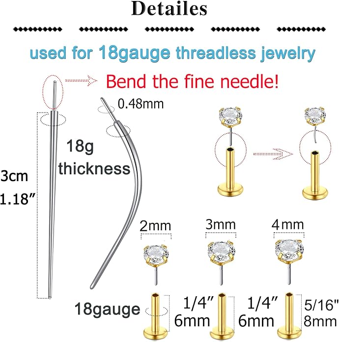 QWALIT Piercing Taper Threadless Insertion Tool - Titanium Labret Pin 16g, 18g, 20g