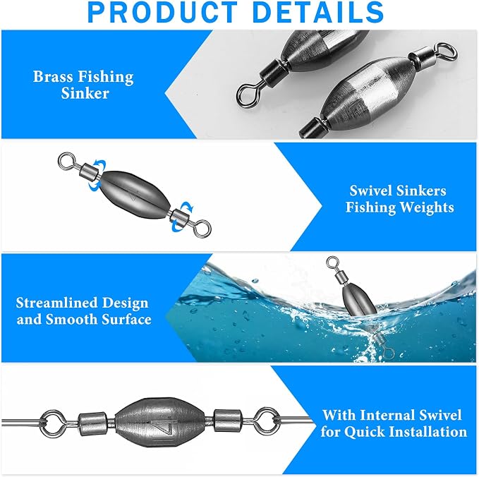 Seenelling 20 Pcs Brass Fishing Sinker Swivel Fishing Weights Saltwater Bullet Sinkers Drop Shot Weight Egg Sinkers with Swivel Rolling Removable Freshwater