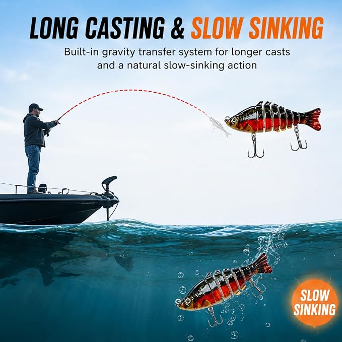 Multi Jointed Swimbait Hard Lure, 3.7in Slow Sinking Fishing Lures with Realistic S-Shaped Swimming Action, Built-in Gravity Transfer System & #6 Treble Hooks for Bass, Trout, Pike, Topwater Lure